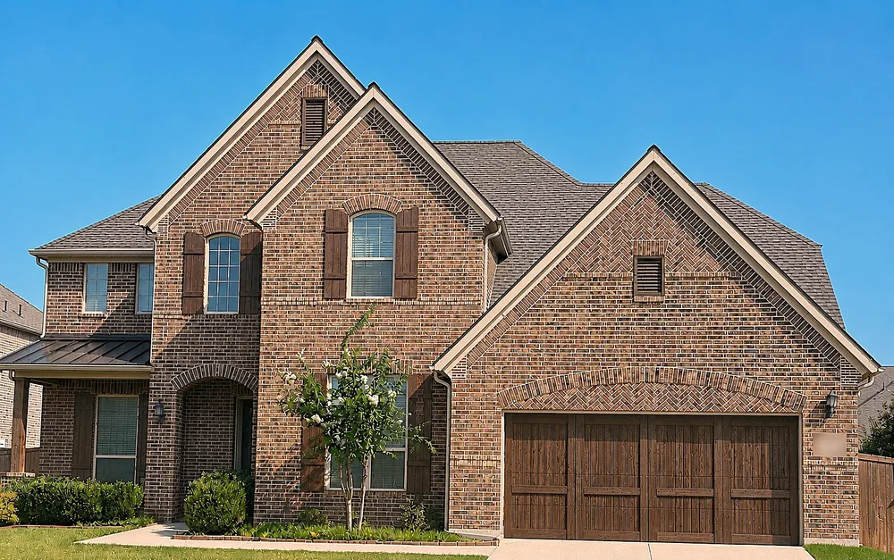 A two-story brick home with a dark shingle roof and a wood garage door