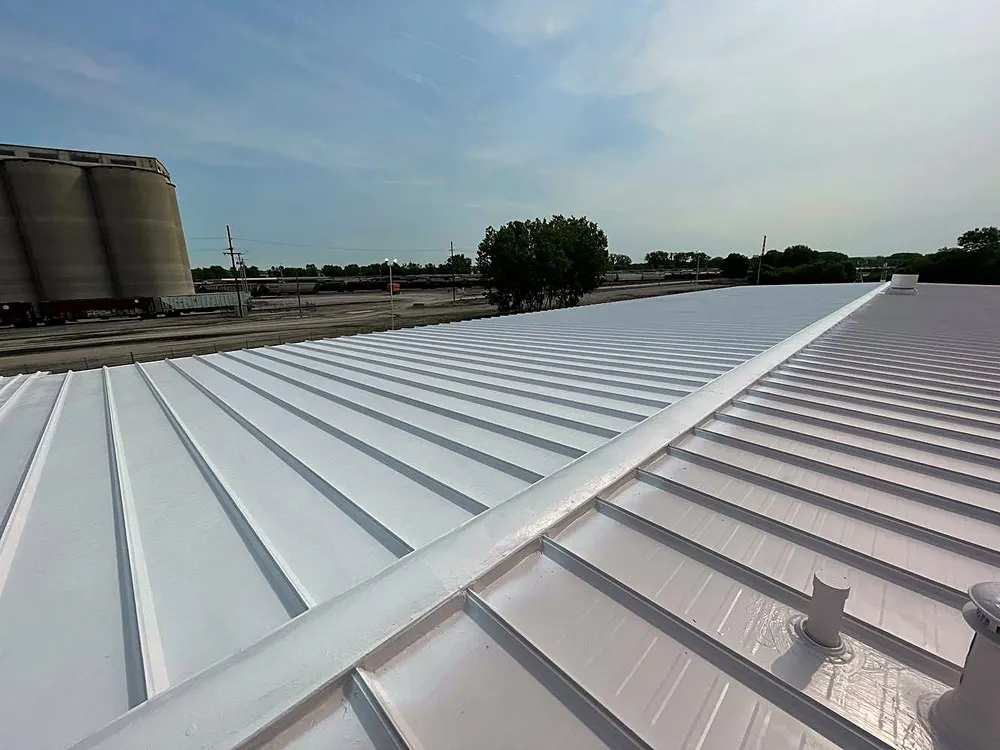 A standing seam metal roof on a commercial building